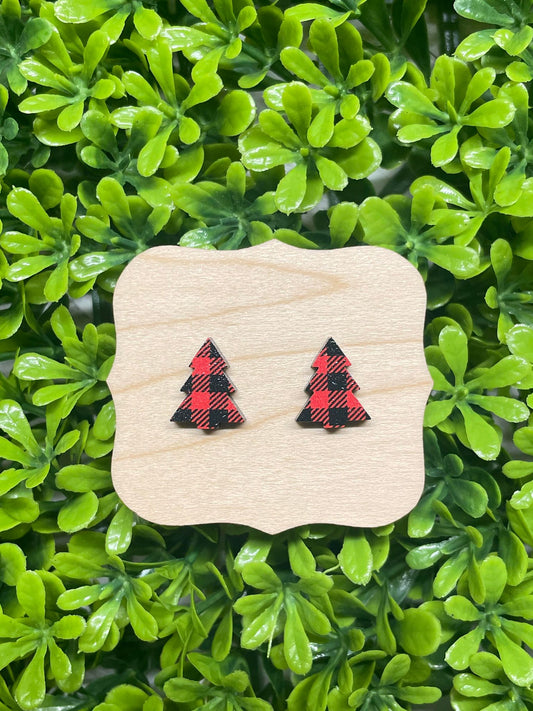 Red & Black Plaid Christmas Tree Earrings