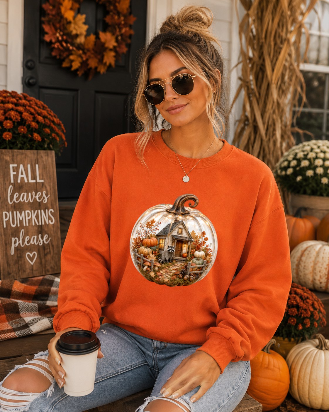 Cozy Pumpkin Raccoon House Sweatshirt